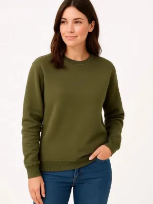 Women's Khaki 3-Thread Cotton Crew Neck Sweatshirt