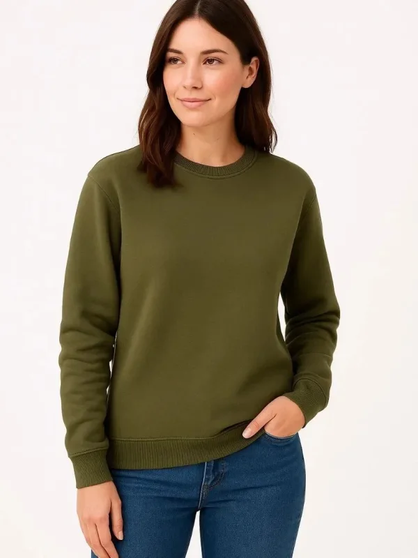 Women's Khaki 3-Thread Cotton Crew Neck Sweatshirt 1