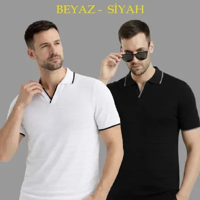 Машки 2-комплет ребрести кратки ракави поло јака трико T-shirt 1