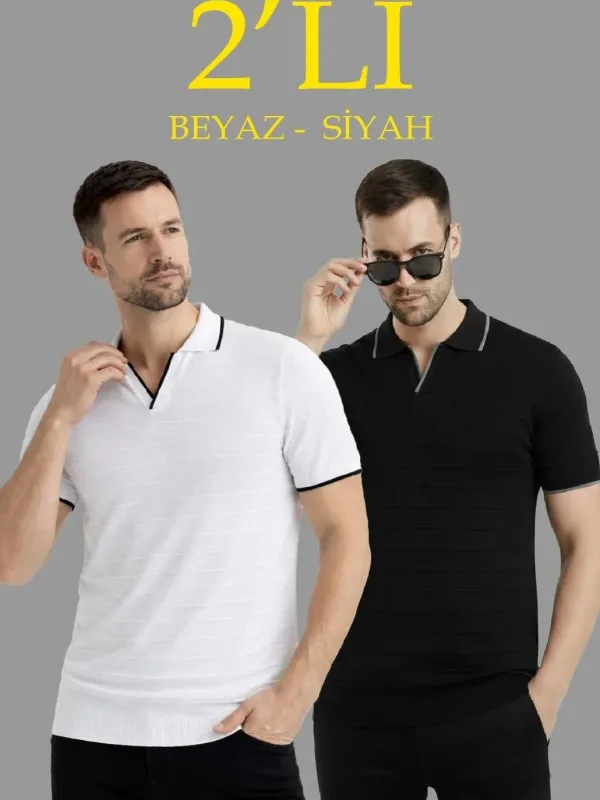 Машки 2-комплет ребрести кратки ракави поло јака трико T-shirt 1