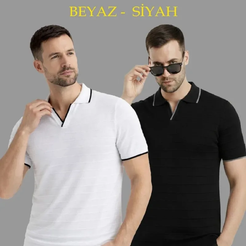 Men's 2-Piece Set Ribbed Short Sleeve Polo Neck Knit T-Shirt