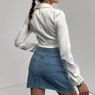 Köynək Yaka Beli Bağlamalı Crop Bluz Ağ 5