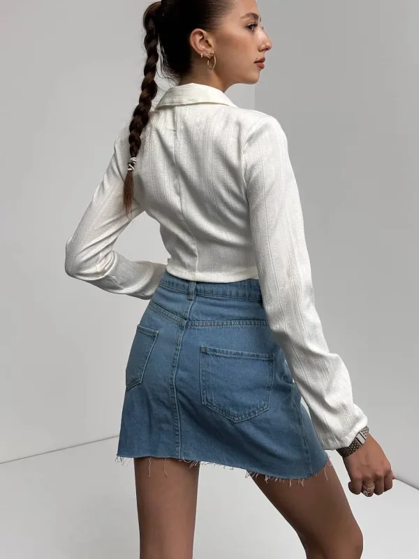 Köynək Yaka Beli Bağlamalı Crop Bluz Ağ 5