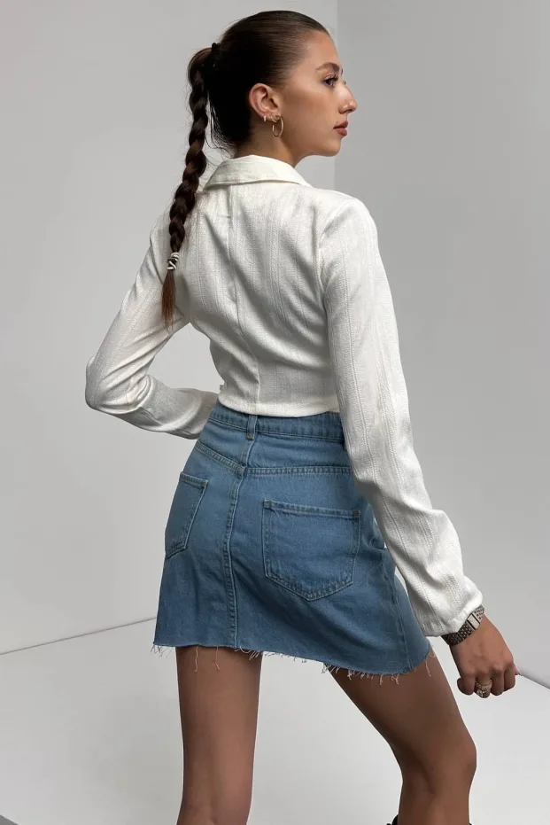 Shirt Collar Tie Waist Crop Blouse White 5