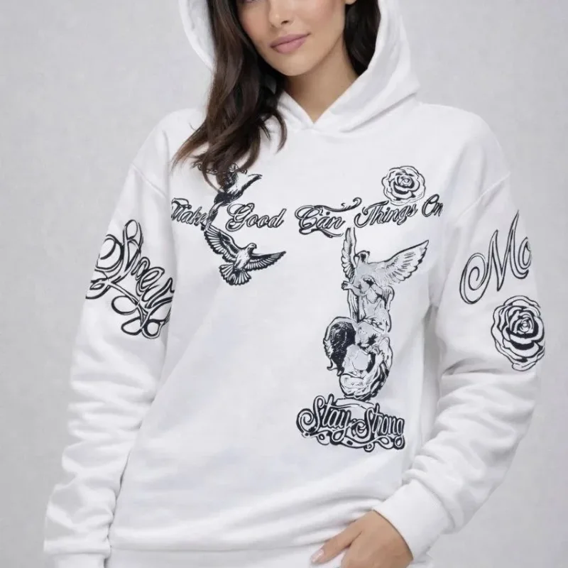 بلوفر نسائي أبيض بغطاء رأس مطبوع من القطن 3 خيوط
