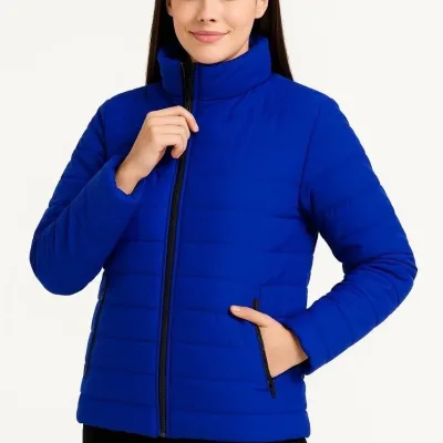 Women's Sax Blue Water-Repellent Quilted Lined Zippered Bomber Jacket 2