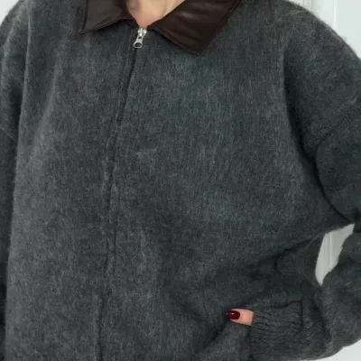 Women's Smoke Leather Collar Double-Sided Zippered Cotton Textured Jacket 4