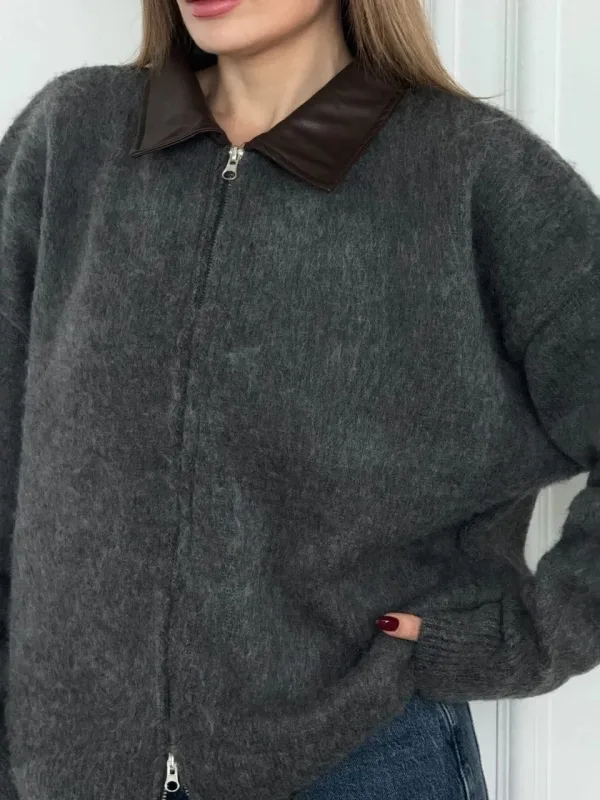 Women's Smoke Leather Collar Double-Sided Zippered Cotton Textured Jacket 4
