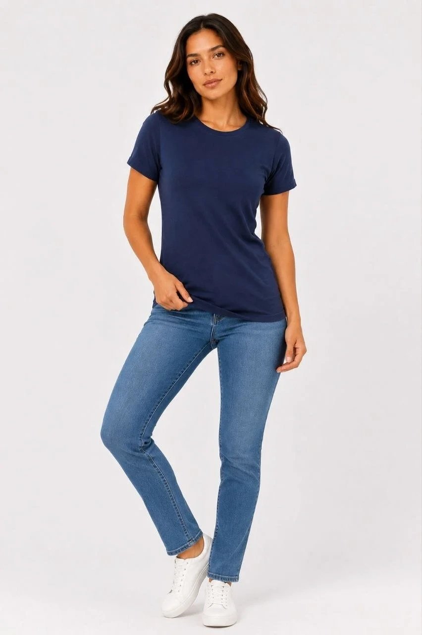 Γυναικείο Σκούρο Μπλε Slim Fit Ποδήλατο Λαιμό Basic Τ-Shirt 3