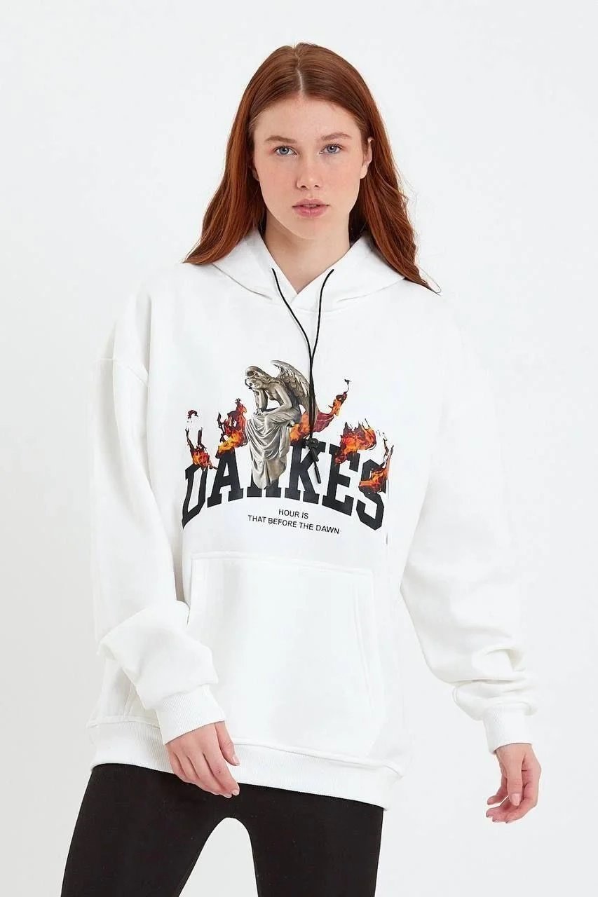 Kadın Beyaz Oversize Kapüşonlu Cepli Baskılı Pamuklu Sweatshirt