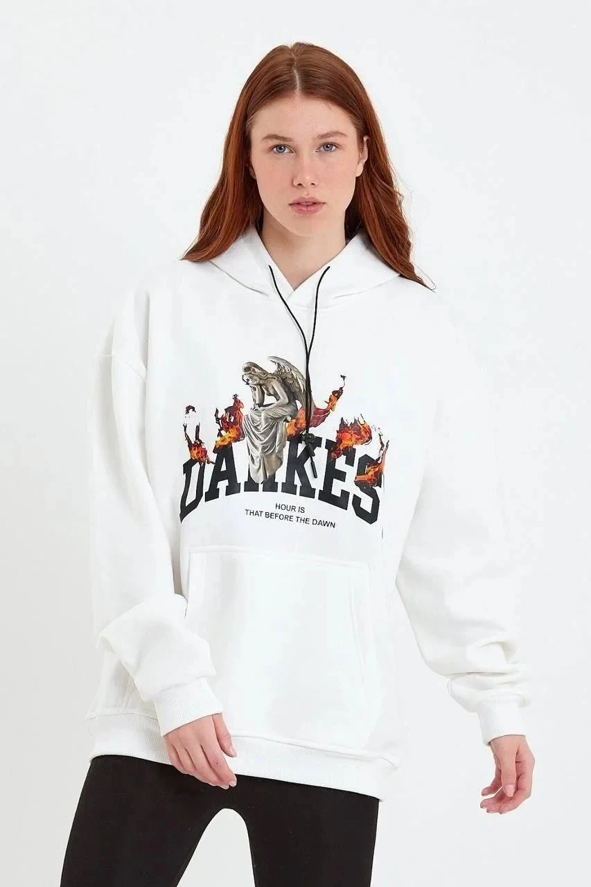 Dámská bílá oversized mikina s kapucí, kapsami a bavlněným potiskem