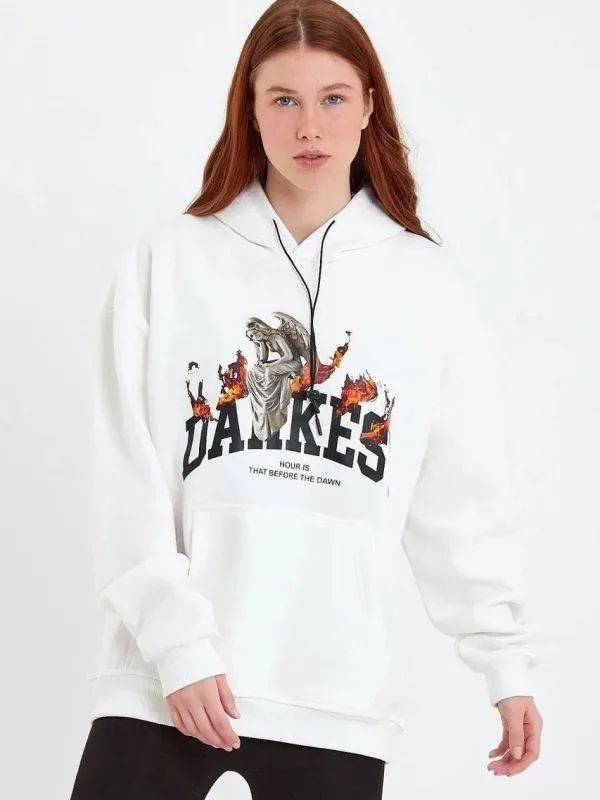 Dámská bílá oversized mikina s kapucí, kapsami a bavlněným potiskem 1