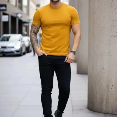 Pánsky citrónový slim fit bicyklový elastický body tričko 2