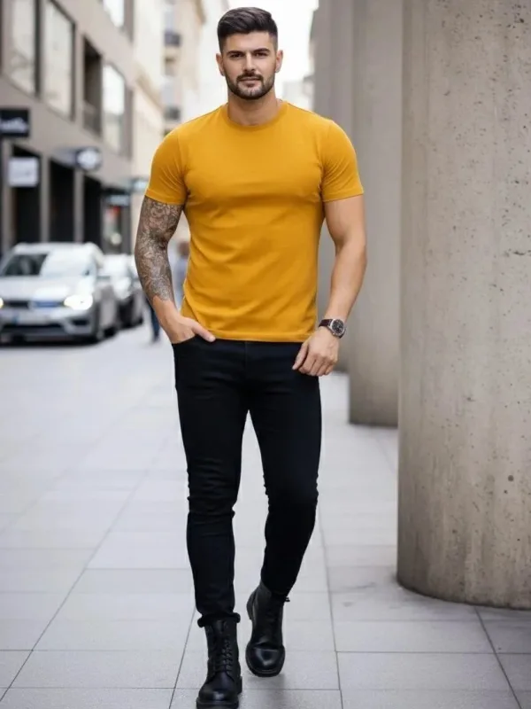 Pánsky citrónový slim fit bicyklový elastický body tričko 2