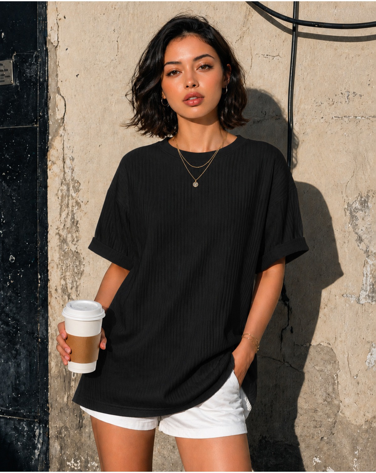 Unisex Siyah Oversize Bisiklet Yaka Pamuklu Tişört