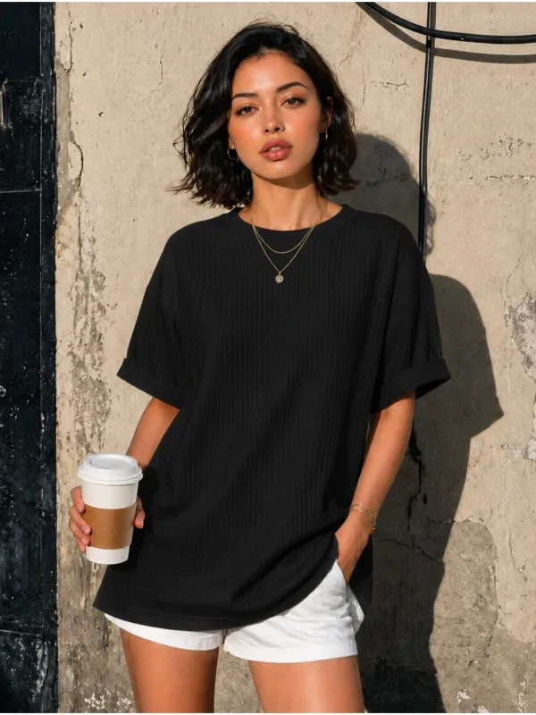 Bluzë unisex pambuk oversize, jakë rrethi, e zezë