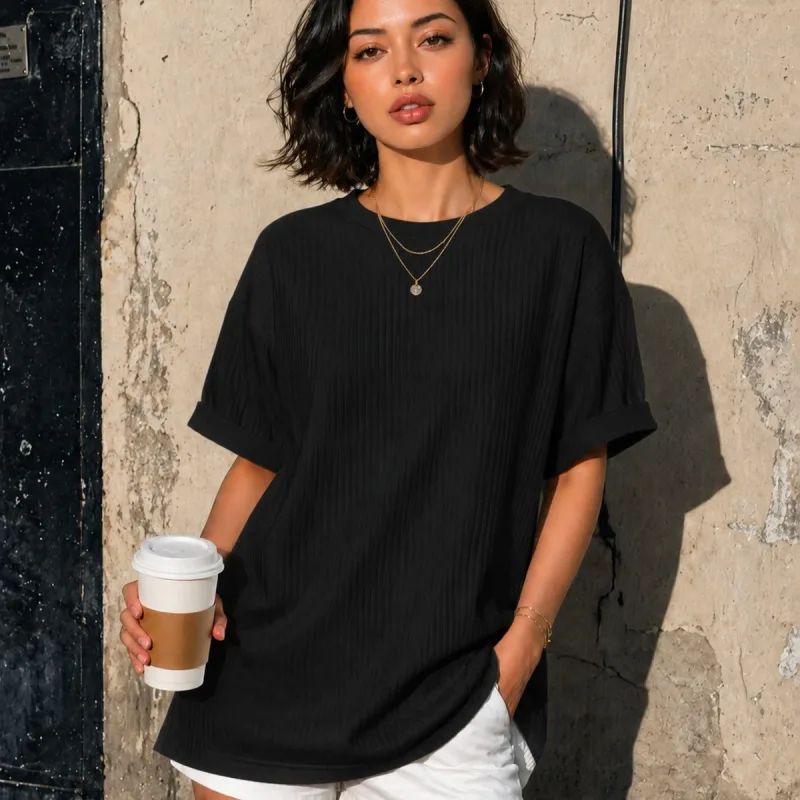 Unisex Βαμβακερό Oversize Κύκλωμα Μαύρο T-Shirt