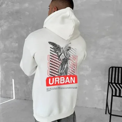 Bărbați Alb 3 Fire Bumbac Glugă Imprimat Cangur Buzunar Sweatshirt 2