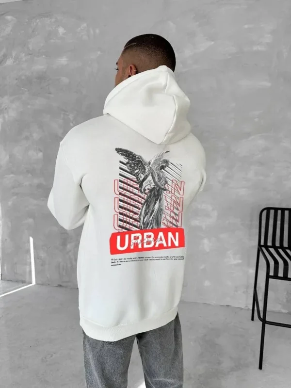 Bărbați Alb 3 Fire Bumbac Glugă Imprimat Cangur Buzunar Sweatshirt 2