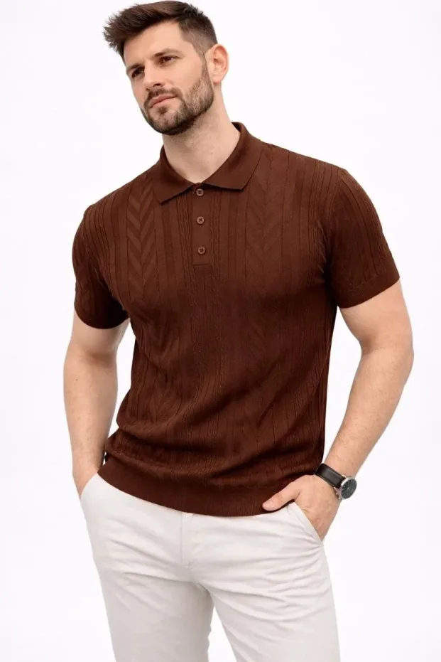 Pánsky hnedý regular polo golier krátky rukáv 2