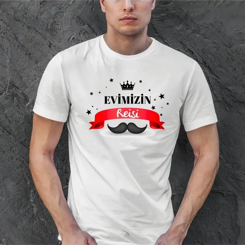 Férfi Fehér Oversize Apa Tematikus Nyomtatott Kerékpárnyakú Póló
