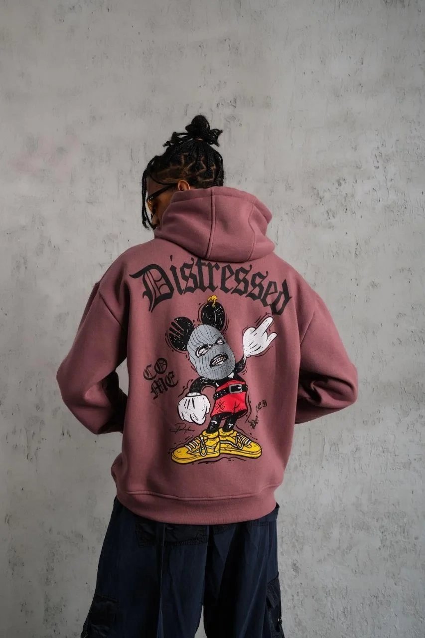 Erkek Gül Kurusu 3 İplik Pamuklu Kanguru Cepli Kapüşonlu Sweatshirt