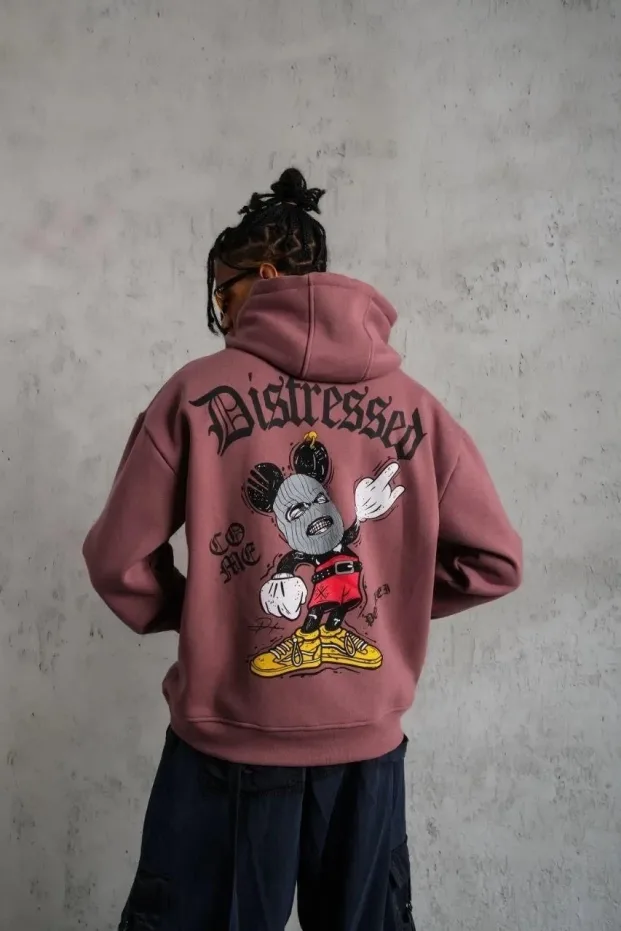Erkek Gül Kurusu 3 İplik Pamuklu Kanguru Cepli Kapüşonlu Sweatshirt 1