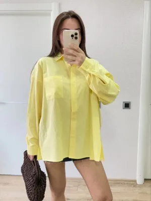 Women's Yellow Poplin Side Slit Back Dart Detail Shirt