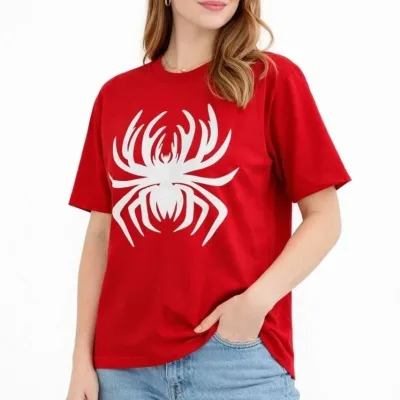 Női Piros Oversize Pók Nyomott Kerékpárnyakú Póló 3