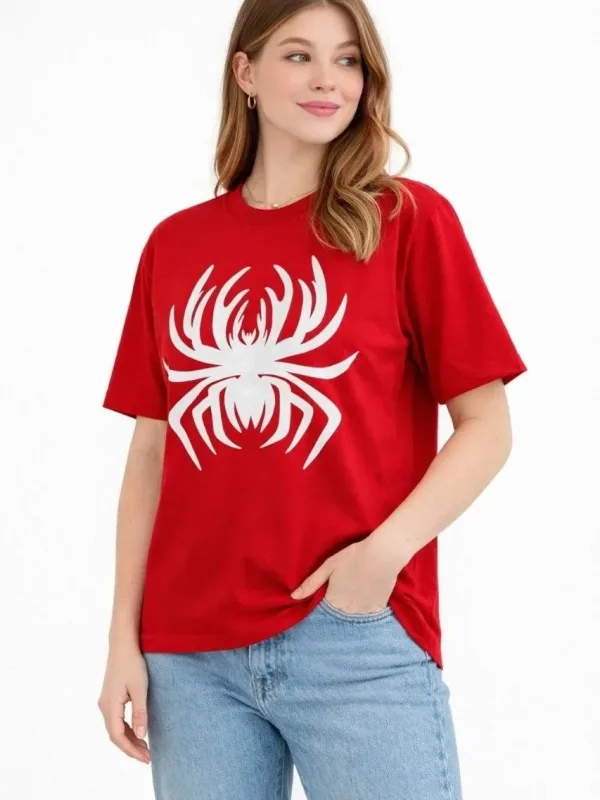 Női Piros Oversize Pók Nyomott Kerékpárnyakú Póló 3