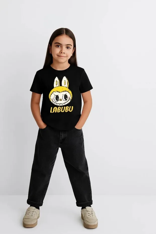 Kız Siyah Labubu Baskılı Oversize Tişört 2
