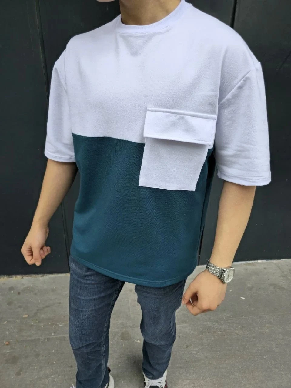 Men's Navy Patch Pocket Paneled Short Sleeve T-Shirt