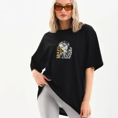 Ženski crni Oversize Bicikl izrez print Svakodnevna Majica 2