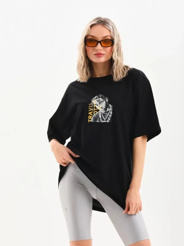 Ženski crni Oversize Bicikl izrez print Svakodnevna Majica 2