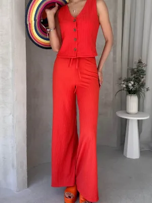 Set sa visokim strukom udobnih pantalona i prslukom bez rukava - Narandžasta