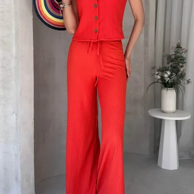 Set sa visokim strukom udobnih pantalona i prslukom bez rukava - Narandžasta 1