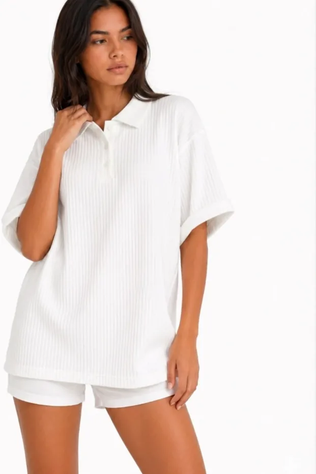 Unisex Siyah Oversize Polo Yaka Jakarlı Pamuk Tişört 3