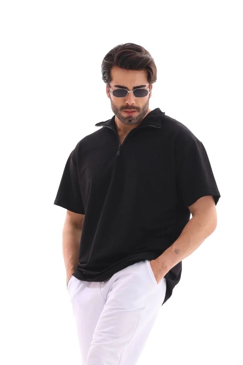 Pánské černé oversize tričko s polovičním zipem, hladké 3