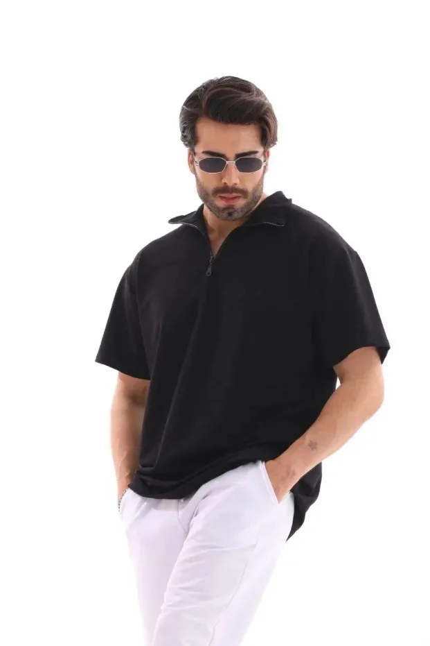 Erkek Siyah Oversize Yarım Fermuarlı Pamuklu Tişört 3