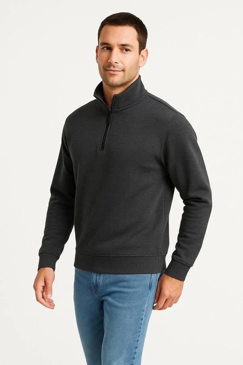 Men's Anthracite Stand Collar Half-Zip 3-Thread Cotton Sweatshirt
