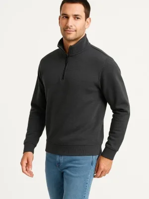 Men's Anthracite Stand Collar Half-Zip 3-Thread Cotton Sweatshirt