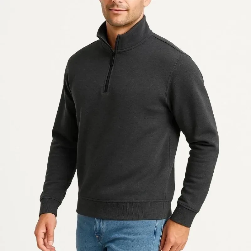 Férfi antracit állógalléros félcipzáras 3 szálas pamut sweatshirt