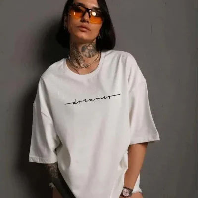 Γυναικείο Λευκό Oversize Στρογγυλό Λαιμό Τυπωμένο Μπλουζάκι 1