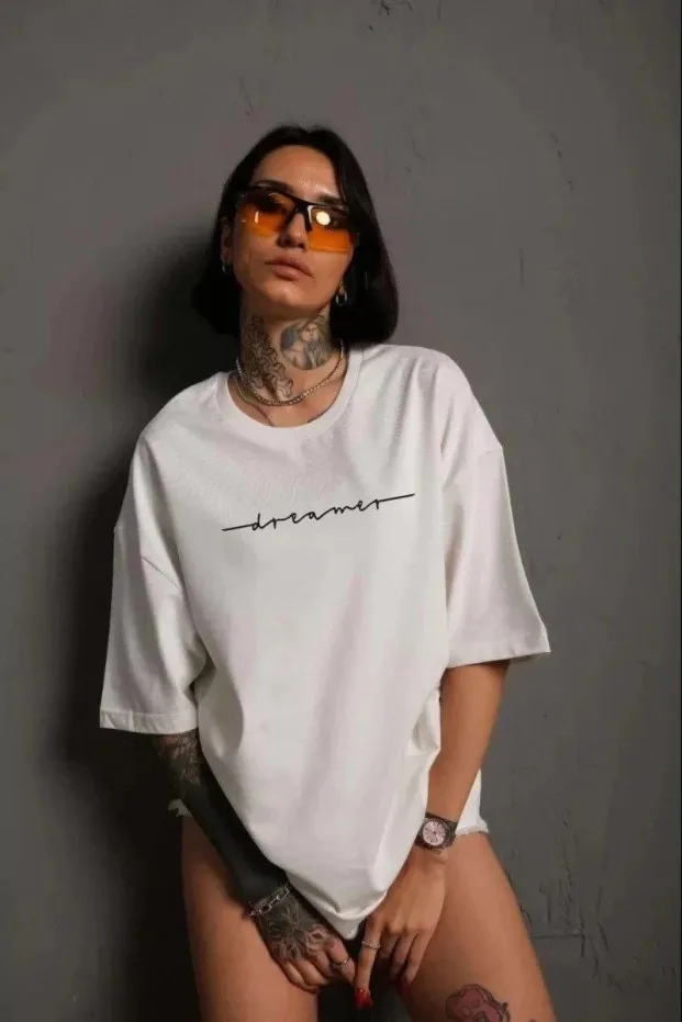Γυναικείο Λευκό Oversize Στρογγυλό Λαιμό Τυπωμένο Μπλουζάκι 1