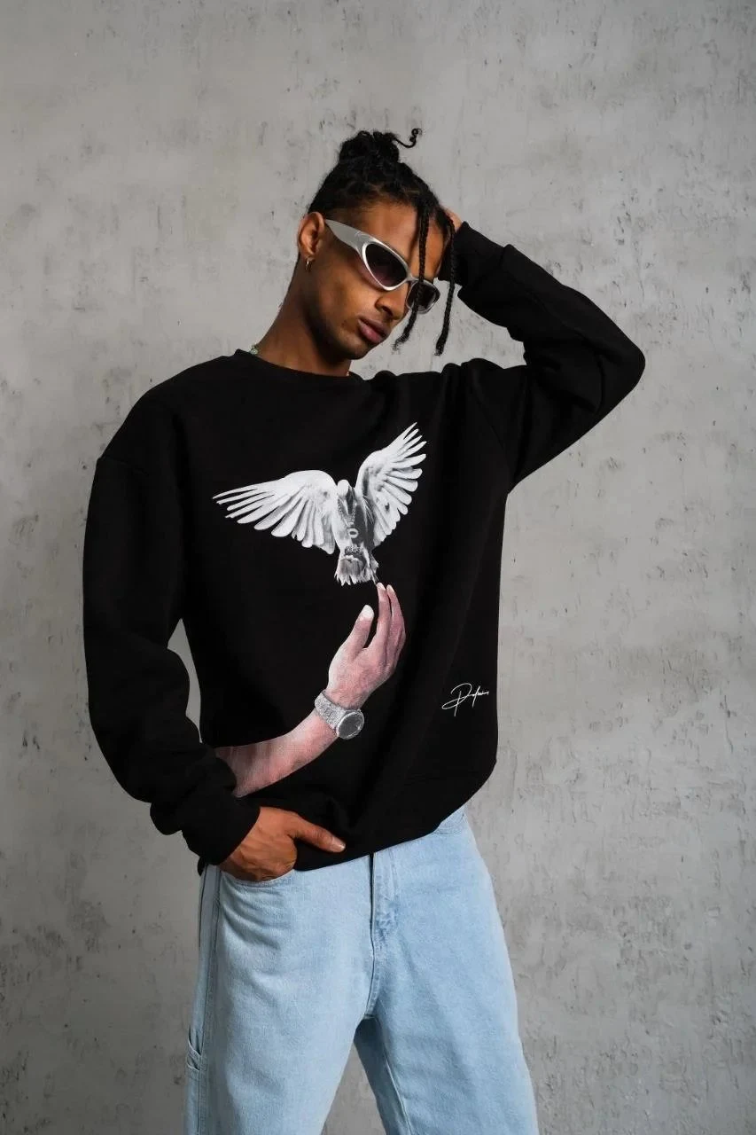 Men's Black 3-Thread Crew Neck Dove Printed Sweatshirt