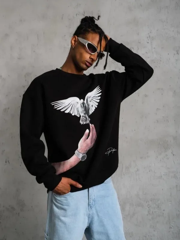 Men's Black 3-Thread Crew Neck Dove Printed Sweatshirt 1