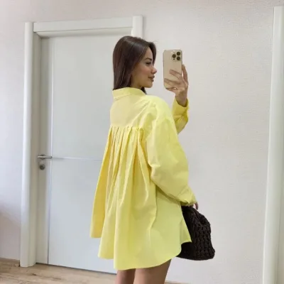 Kirasê Jinan ê Zer ê Poplin ê Bi Qelşekî Alî û Detayên Paşî yên Pêçanê 5