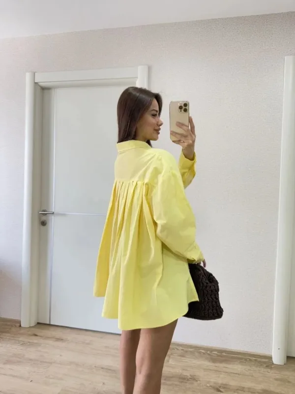 Kirasê Jinan ê Zer ê Poplin ê Bi Qelşekî Alî û Detayên Paşî yên Pêçanê 5