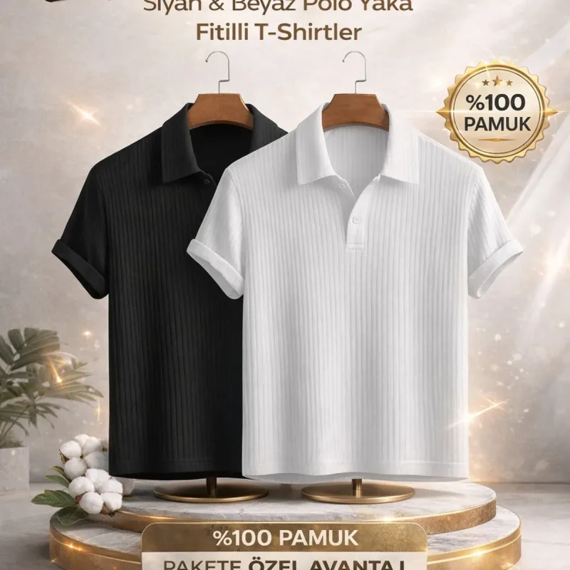 Burra Paketë 2-copë Oversize Brinjë Jakë Polo Zezë Bardhë