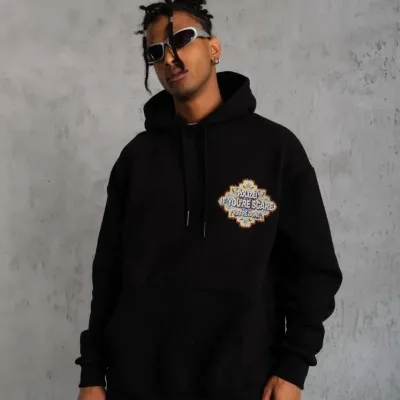 Men's Black Oversize 3-Thread Cotton Hooded Printed Sweatshirt with Pockets 4